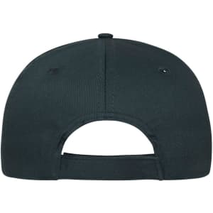 A black 6 panel cap made from organic cotton, featuring a back opening and an adjustable strap.