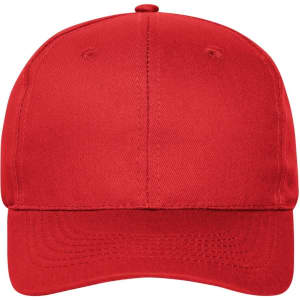 A red 6-panel cap made from organic cotton, featuring a front and curved brim, with branding.
