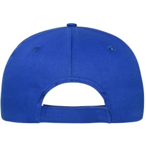 A blue 6-panel cap made from organic cotton, featuring an adjustable strap at the back and a logo.