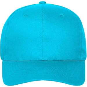 A six-panel cap in vibrant turquoise colour made of organic cotton, featuring a logo on the front.
