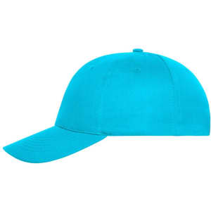 A bright turquoise 6 panel cap made from organic cotton, featuring a rounded crown and a curved brim.
