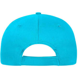 A turquoise 6-panel cap made of organic cotton, featuring an adjustable strap at the back.