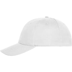 A white 6 panel cap made from organic cotton, featuring a curved brim and a logo.