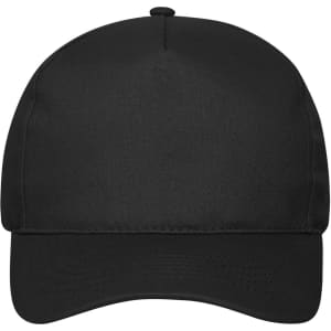 A black 5 panel cap made of organic cotton, featuring a rounded crown and a visor. It has a logo on the front.