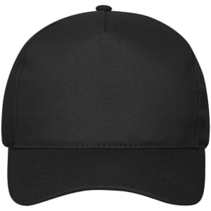 A black 5 panel cap made from organic cotton, featuring a smooth surface and a logo on the front.