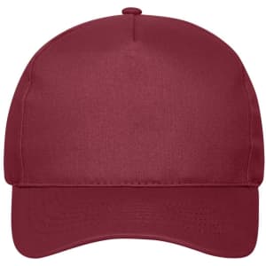 A maroon 5-panel cap made from organic cotton, featuring a logo on the front.