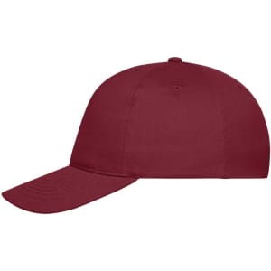 A maroon 5 panel cap made from organic cotton, featuring a curved peak and a logo on the front.