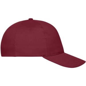 A maroon 5-panel cap made from organic cotton, featuring a round crown and a curved brim. It has a logo.