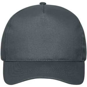 A 5-panel cap made of organic cotton in a dark grey colour, featuring a logo on the front.