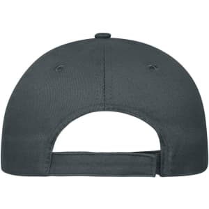 A grey 5 panel cap made of organic cotton, featuring a back adjustable strap and a logo.