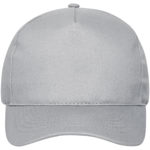 A grey 5 panel cap made from organic cotton, featuring a solid design and a branded logo.