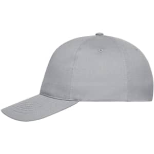 A grey 5 panel cap made from organic cotton, featuring a curved brim and a logo.