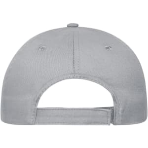 A grey 5 panel cap made of organic cotton, featuring a back adjustable strap and a logo.