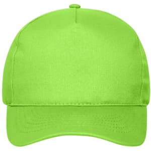 A bright green 5 panel cap made of organic cotton, featuring a branded logo.