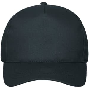 A black 5 panel cap made from organic cotton, featuring a curved brim and a logo.