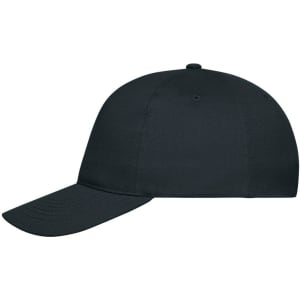A black 5 panel cap made from organic cotton, featuring a structured design and a logo.