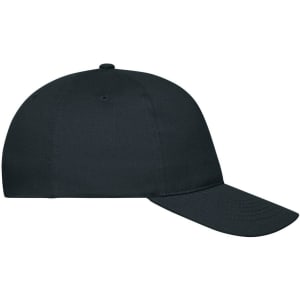 A black organic cotton 5-panel cap with a curved brim and a logo on the side.