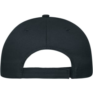 A black 5-panel cap made from organic cotton, featuring a curved brim and adjustable strap at the back.