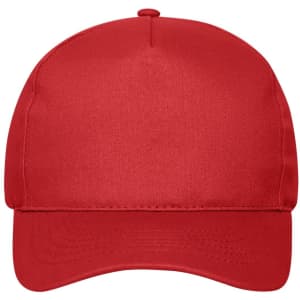 A red 5-panel cap made from organic cotton, featuring a curved brim and a logo on the front.