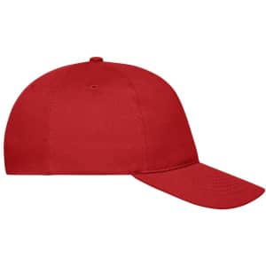 A red 5 panel cap made of organic cotton, featuring a curved brim and an unobtrusive logo.