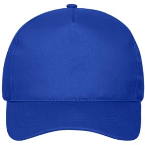 A blue 5 panel cap made from organic cotton, featuring a flat peak and a logo.