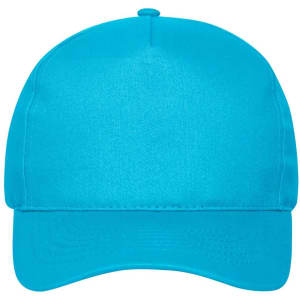 A bright turquoise 5 panel cap made from organic cotton, featuring a curved brim and a logo.