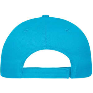 A vibrant turquoise 5 panel cap made from organic cotton, featuring a logo and adjustable strap at the back.
