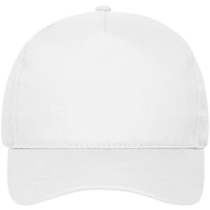 A white five-panel cap made from organic cotton, featuring a curved peak and a logo on the front.