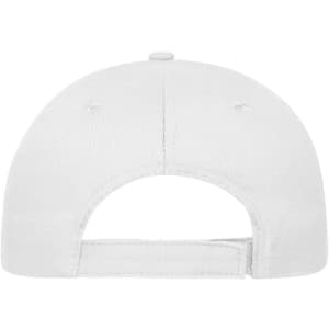 A white 5-panel cap made from organic cotton, featuring a rear adjustable strap and a logo.