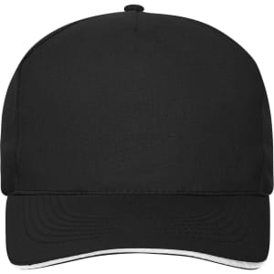 A black 5 panel sandwich cap made of organic cotton, featuring a curved brim and a logo.