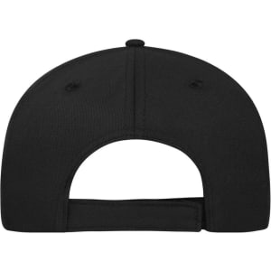 A black 5 panel sandwich cap made of organic cotton, featuring a back opening and a logo.