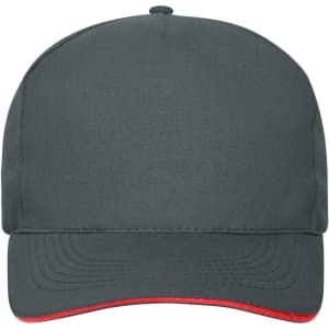 A dark grey 5 panel sandwich cap with a red peak, made of organic cotton, featuring a logo.