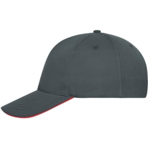 A grey 5 panel sandwich cap made from organic cotton, featuring a red accent on the brim and a logo.