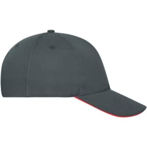 A grey five-panel cap with a red underbill and a logo on the front. Made from organic cotton.