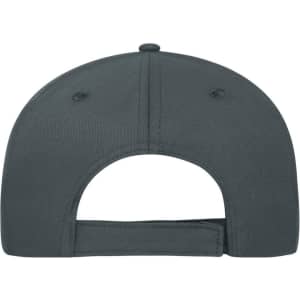 A dark grey 5-panel sandwich cap made from organic cotton, featuring a back fastening and a logo.