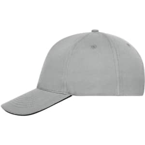 A grey 5 panel sandwich cap made from organic cotton, featuring a curved brim and a branded logo.