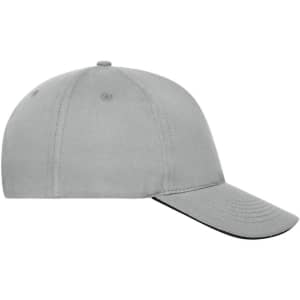 A grey 5-panel sandwich cap made from organic cotton, featuring a curved brim and a logo on the front.