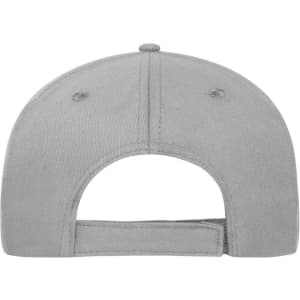 A grey 5-panel sandwich cap made from organic cotton, featuring an adjustable strap and a logo.
