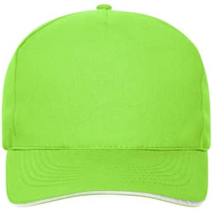 A bright green 5 panel cap made from organic cotton, featuring a curved brim and a branding logo.
