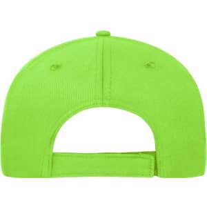 A vibrant lime green 5 Panel Sandwich Cap made from organic cotton, featuring a branding logo.