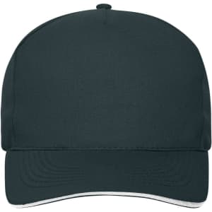 A dark green 5-panel sandwich cap made from organic cotton, featuring a curved brim and containing a logo.