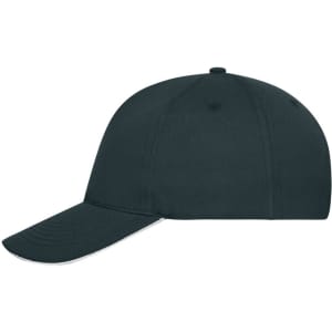 A black 5-panel sandwich cap made from organic cotton, featuring a curved peak and a logo on the side.
