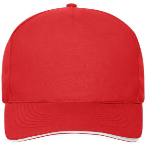 A red 5-panel sandwich cap made of organic cotton, featuring a logo on the front.