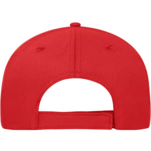 A red 5-panel sandwich cap made from organic cotton, featuring a back opening and an adjustable strap.