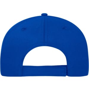 A blue 5-panel sandwich cap made of organic cotton, featuring a back opening and an adjustable strap.