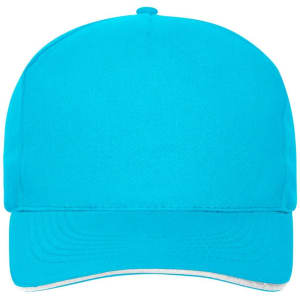 A vibrant turquoise 5-panel sandwich cap made of organic cotton, featuring a structured design and a logo.
