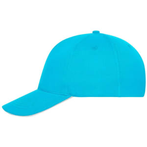 A turquoise 5-panel sandwich cap made from organic cotton, featuring a logo on the front.