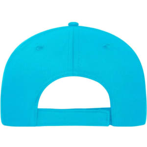 A turquoise 5 Panel Sandwich Cap made from organic cotton, featuring a branding logo on the back.