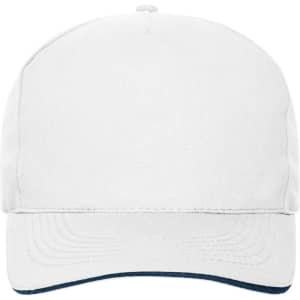 A white 5-panel sandwich cap made of organic cotton, featuring a navy blue peak and a logo.