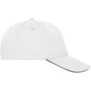 A five-panel sandwich cap made from organic cotton, featuring a white colour and a logo.